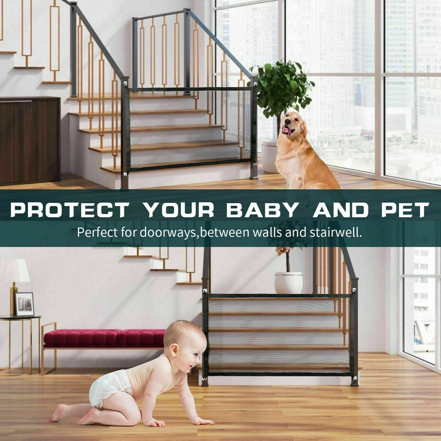 Portable Pet Safety Gate – Mesh Guard Fence for Dogs, Cats & Stairs