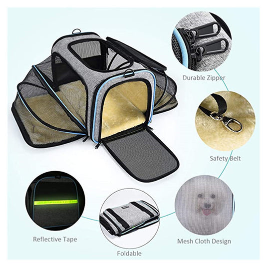 Airline Approved Expandable Cat Carrier – Foldable Soft-Sided Pet Travel Bag with Reflective Safety Strips