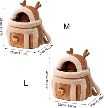 Plush Reindeer Pet Carrier Backpack with Hand Warmers Perfect for Winter Travel with Cats and Dogs