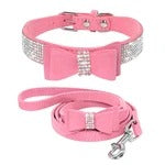 Rhinestone Bling Leather Dog and Cat Collar with Matching Leash – Stylish Pet Accessories