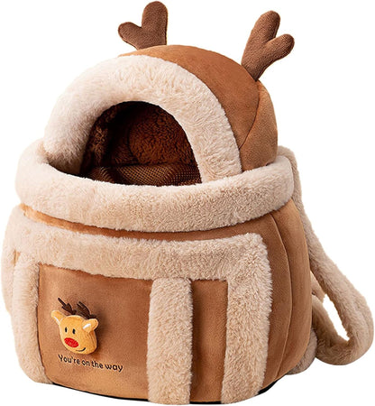 Plush Reindeer Pet Carrier Backpack with Hand Warmers Perfect for Winter Travel with Cats and Dogs