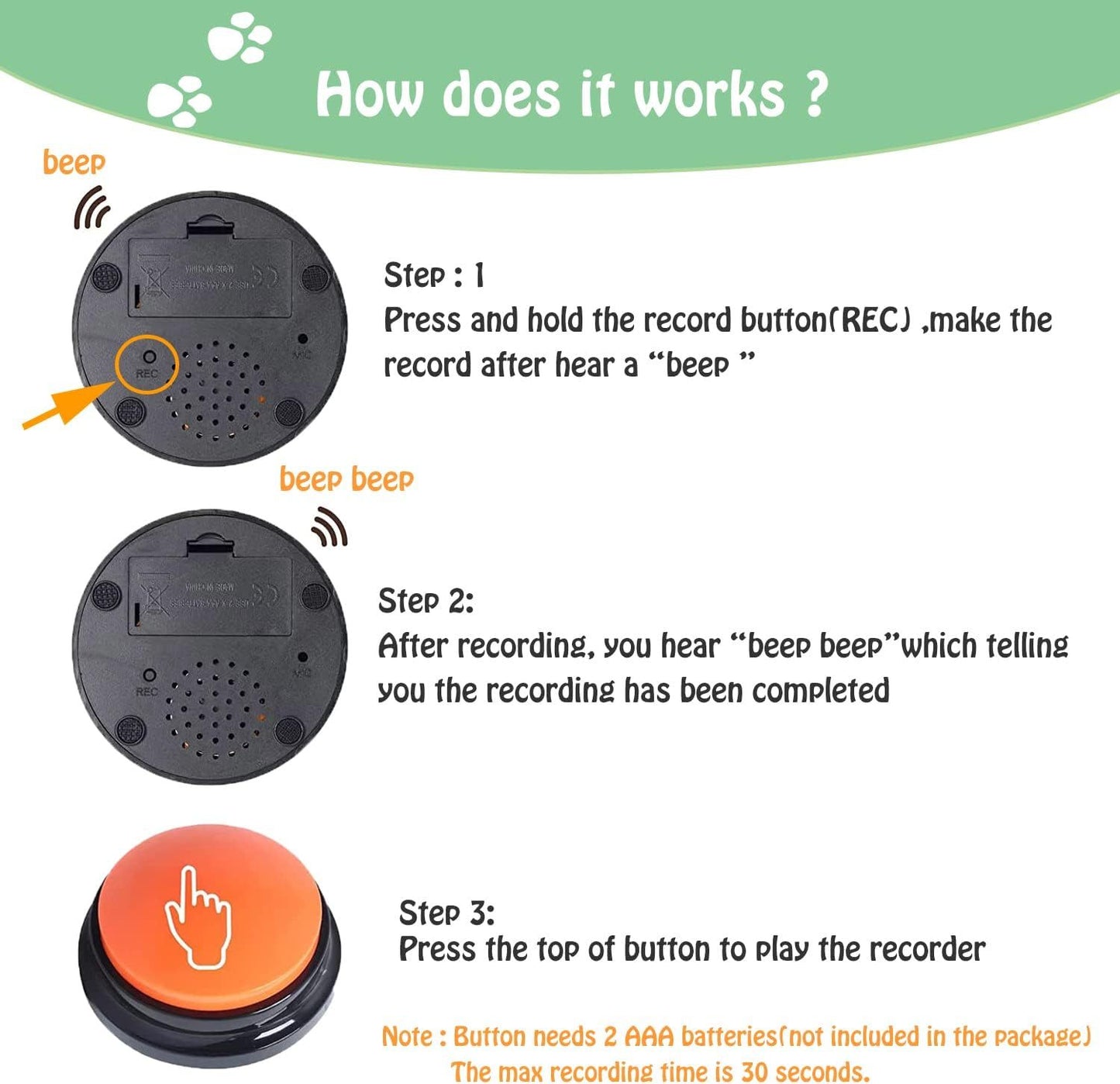 Voice Recording Pet Training Button – 30-Second Playback Buzzer for Dogs, Interactive Clicker Toy